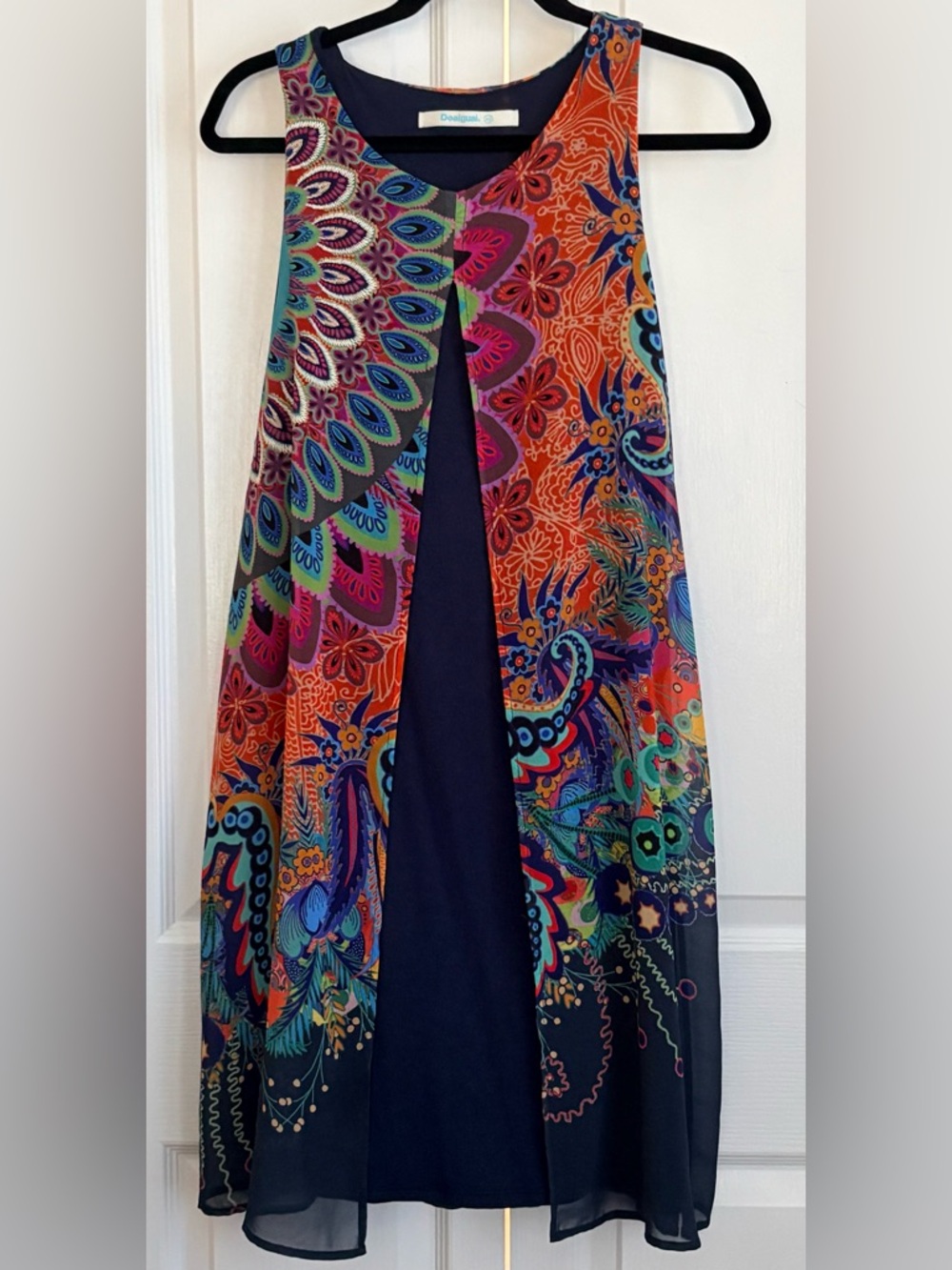Desigual women’s Dress, Navy with Multicolored Paisley Overlay, Euro 40